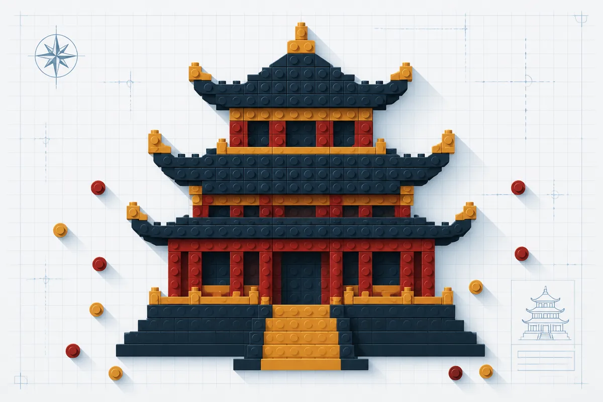 A tiered brick-built pagoda with curved dark roofs and red pillars stands on a blueprint-style grid background.