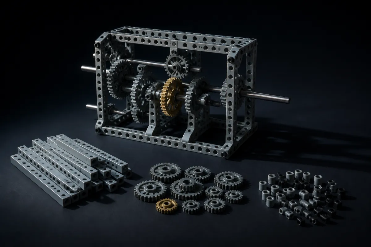 A grey beam-and-gear gearbox model on a dark background beside tidy piles of spare beams, gears, and connectors.