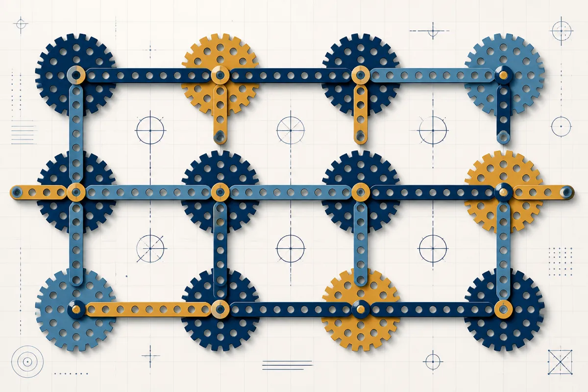 An array of interlocking gears and connector beams in navy, gold, and blue forms a grid pattern over a blueprint background.