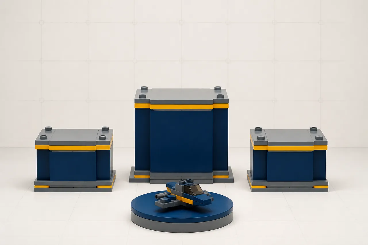 Three brick-built stands, a taller central podium flanked by two shorter ones, with a small brick model on a turntable in front. No people shown.