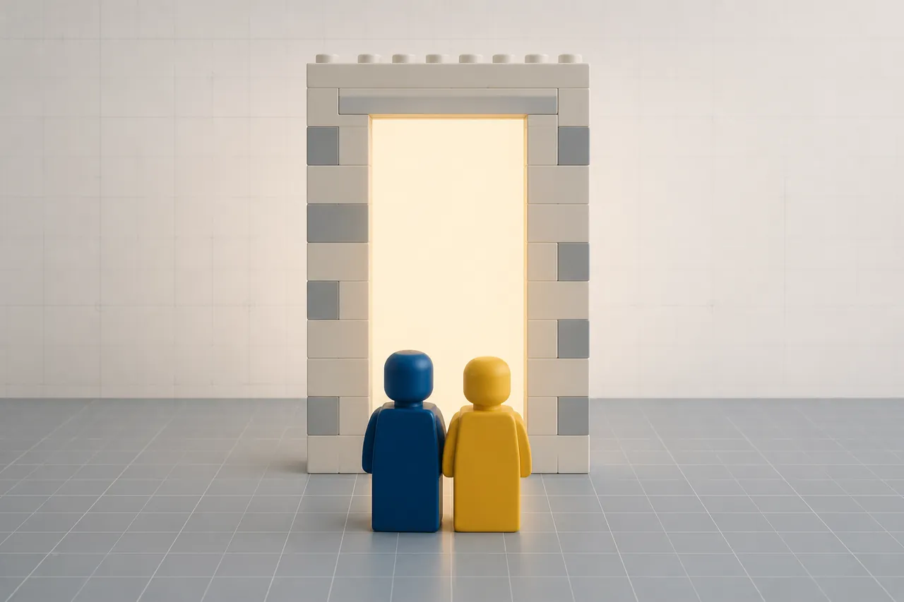 Two simple blocky brick figures, one navy and one yellow, standing side by side before a glowing brick doorway.