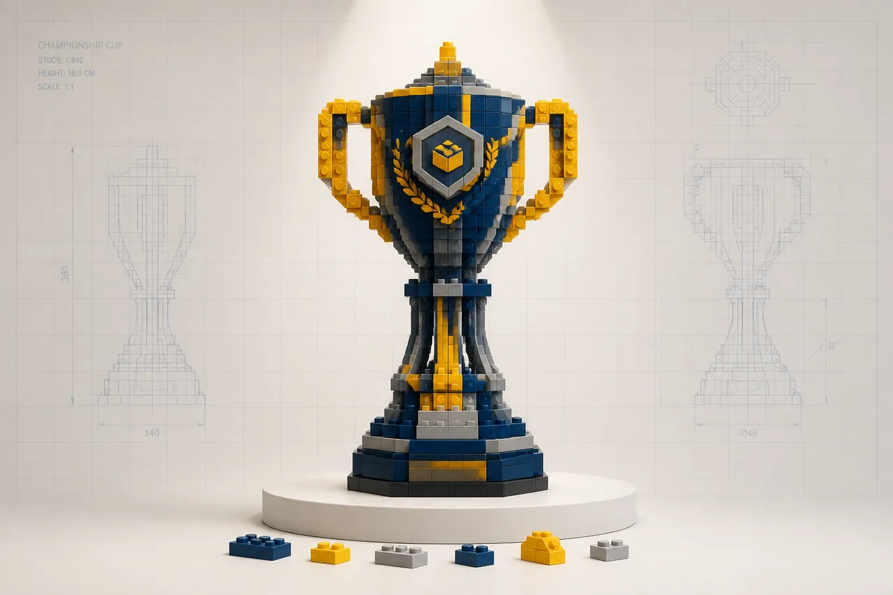 A tall ornate cup-shaped sculpture built from blue, yellow and grey toy bricks on a round pedestal, lit like a showpiece.