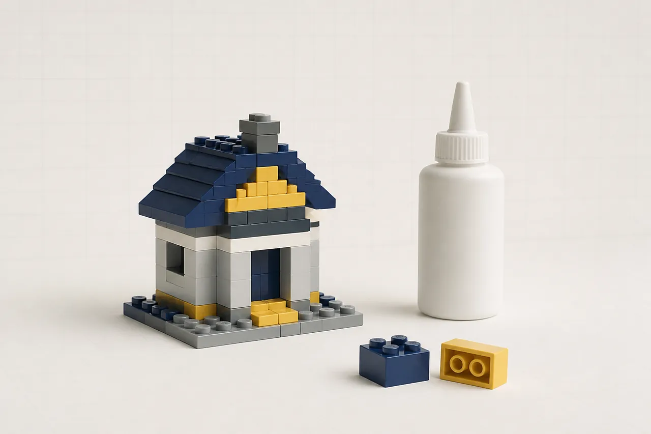 A small brick house model beside a plain unlabeled glue bottle, with two loose bricks showing their stud-and-tube connection.