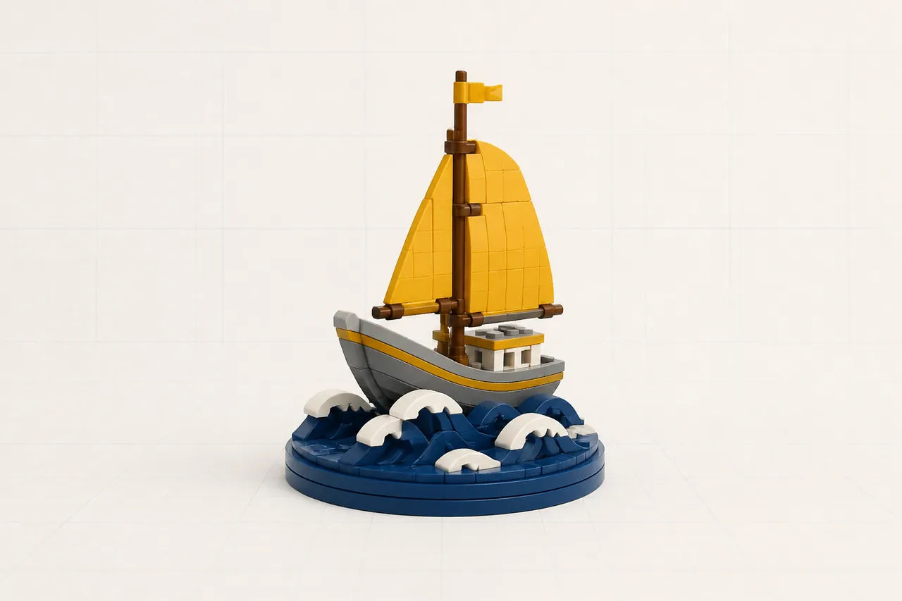A small sailing ship with a yellow sail built from toy bricks riding blue-and-white brick waves on a round base.