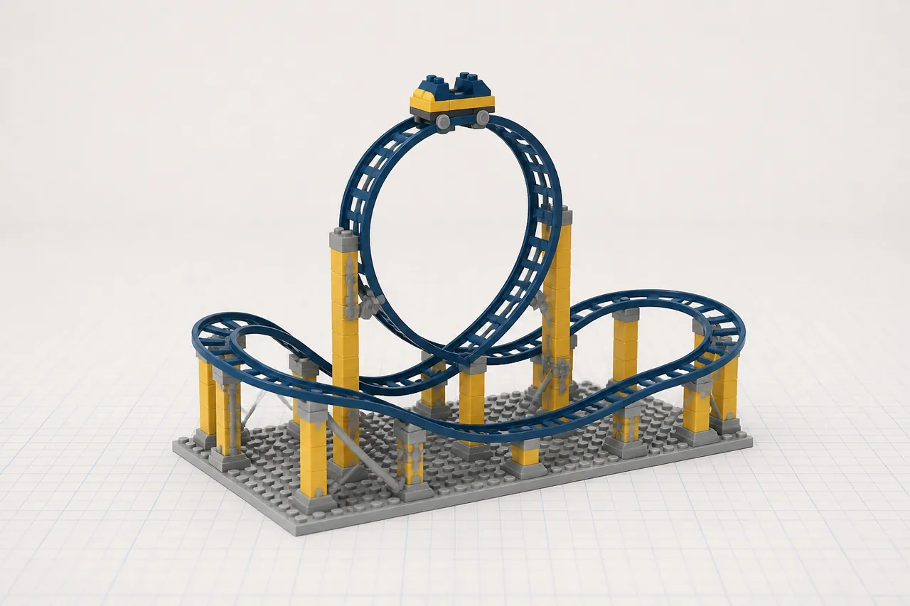A looping roller-coaster track built from navy and yellow toy bricks with a tiny car cresting the loop.