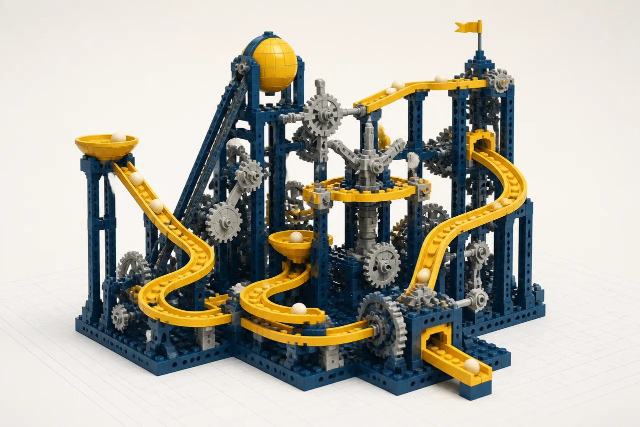 An intricate kinetic contraption of navy and yellow toy bricks with looping ramps, gears and small spheres.